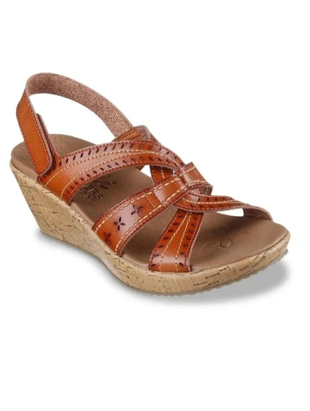 SKECHERS- Beverly After Sunrise Tan Leather Crisscross Cork Wedge Sandals- 11 W